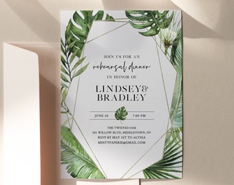 Tropical Gold Rehearsal Dinner Template, INSTANT DOWNLOAD, 100% Editable Text, Printable Palm Rehearsal Invite, Templett, DIY #083-144RD