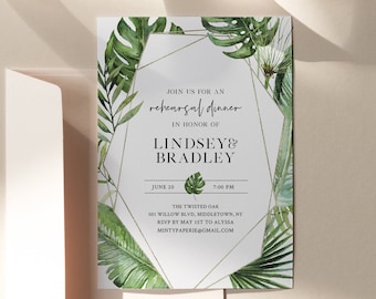 Tropical Gold Rehearsal Dinner Template, INSTANT DOWNLOAD, 100% Editable Text, Printable Palm Rehearsal Invite, Templett, DIY #083-144RD