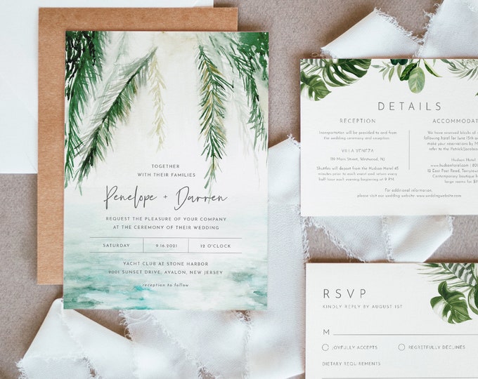 Beach Wedding Invitation Set, Tropical Destination Wedding Invite, RSVP and Details, Editable Template, INSTANT DOWNLOAD, Templett #099C