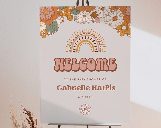 Retro Baby Shower Welcome Sign, Groovy Baby Poster, Hippie, 70's, Bridal Shower Sign, Editable Template, Instant, Templett #050-280LS