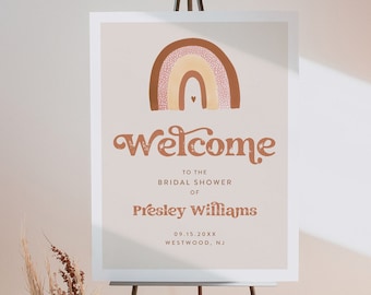 Boho Rainbow Welcome Sign, Printable Retro 70s Baby or Bridal Shower Sign, Instant Download, Editable Template, Templett #025A-237LS