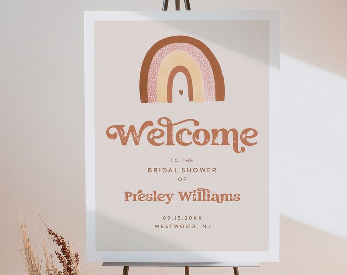 Boho Rainbow Welcome Sign, Printable Retro 70s Baby or Bridal Shower Sign, Instant Download, Editable Template, Templett #025A-237LS