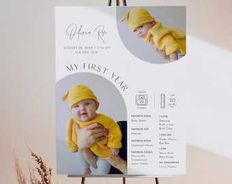 1st Year Baby Sign, Infographic, Baby Stats, 1st Birthday Party, Milestones, Editable Template, Instant, Templett, 18x24, 24x36 #0026-107FYS