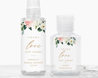 Printable Hand Sanitizer Label, Wedding, Bridal Shower Favor, Share Love Not Germs, Editable Template, Instant Download Templett 043-104HS