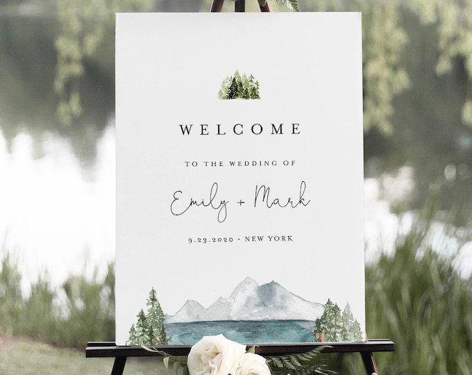Lake Welcome Sign, Printable Rustic Mountain Pine Wedding or Bridal Shower Sign, Instant Download, Editable Template, Templett #017A-196LS