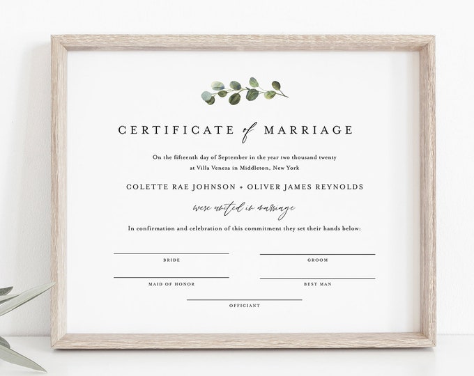 Greenery Certificate of Marriage, Wedding Certificate, Wedding Keepsake, Editable Text, Instant Download, 8x10, 16x20 #082-103MC