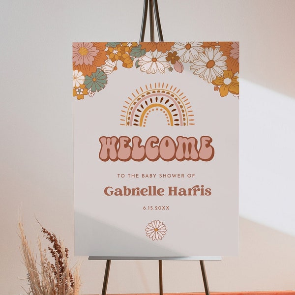 Retro Baby Shower Welcome Sign, Groovy Baby Poster, Hippie, 70's, Bridal Shower Sign, Editable Template, Instant, Templett #050-280LS