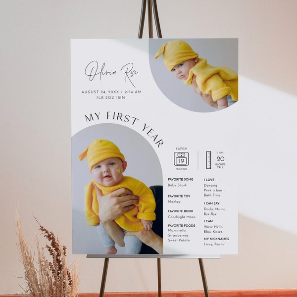 1st Year Baby Sign, Infographic, Baby Stats, 1st Birthday Party, Milestones, Editable Template, Instant, Templett, 18x24, 24x36 #0026-107FYS