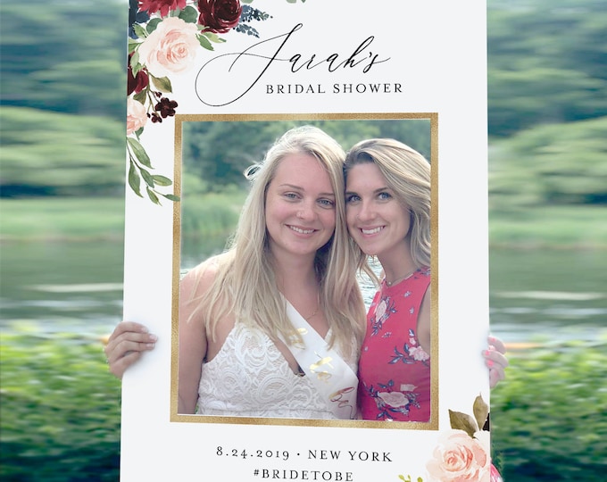 Photo Prop Frame, Bridal Shower Photo Frame, Editable Wedding Photo Prop Template, Merlot Boho Floral, INSTANT DOWNLOAD, Printable 062-101PP