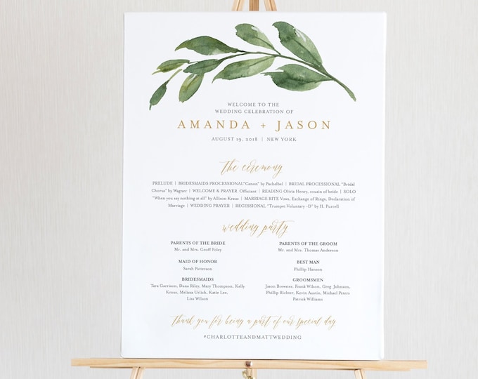 Wedding Program Sign Template, Order of Service / Events, 100% Editable Text, Ceremony Poster, Instant Download, DIY, Templett #067-147LS