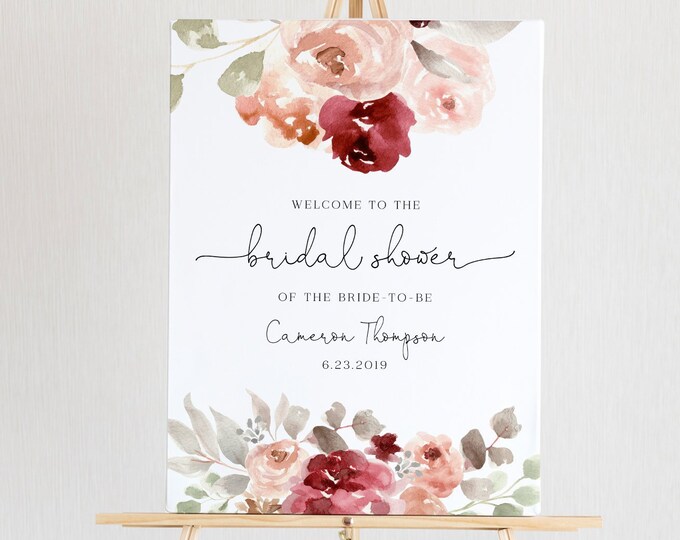 Printable Bridal Shower Welcome Sign, Boho Burgundy & Greenery Wedding Sign, 100% Editable Text, Instant Download, Templett, DIY #065-155LS