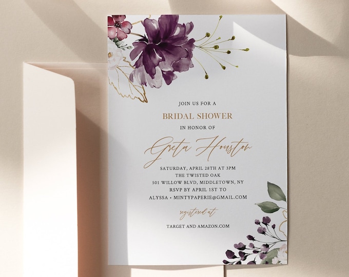 Bridal Shower Invitation Template, Purple Florals, Greenery and Gold, 100% Editable Text, Printable, Instant Download, Templett #006-221BS