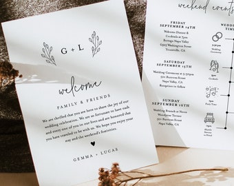 Monogram Welcome Letter & Timeline Template, Minimalist Wedding Order of Events, Itinerary, INSTANT DOWNLOAD, 100% Editable Text #095B-140WB
