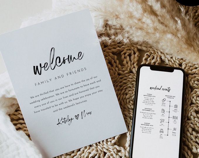 Handwritten Script Welcome Letter & Timeline Template, Modern Wedding Order of Events, Itinerary, INSTANT DOWNLOAD, 100% Editable #090-169WB