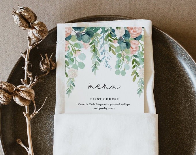 Lush Garden Wedding Menu Printable, INSTANT DOWNLOAD, Greenery Dinner Menu Card Template, 100% Editable Text, DIY, Templett #068A-177WM