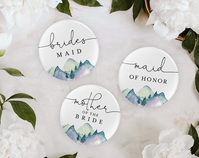 Bridal Party Button Template, Rustic Mountain, Bridal Shower Pins, Bachelorette Buttons, Instant Download, Templett, 2.25" Pin #063-101BPB