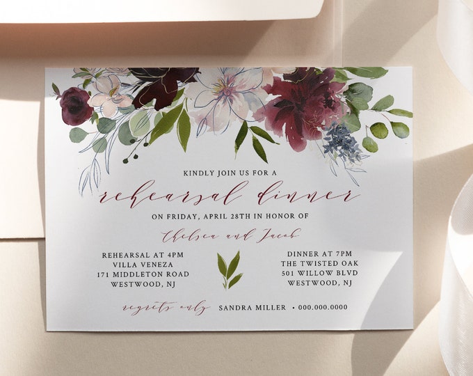 Rehearsal Dinner Invitation Template, INSTANT DOWNLOAD, Printable Watercolor Floral Wedding Rehearsal Invite, 100% Editable #040-121RD