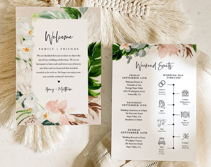 Tropical Welcome Letter & Itinerary Template, Beach Wedding Order of Events, Welcome Bag Timeline, INSTANT DOWNLOAD, Templett #079-167WB