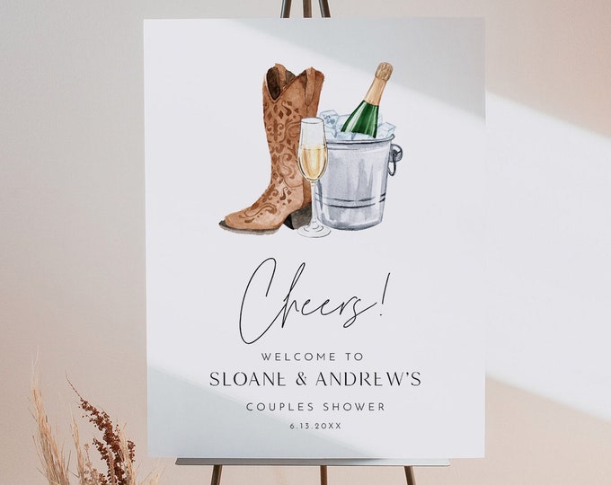 Boots and Bubbly Welcome Sign, Couples Shower, Western Bridal Shower, Bubbles, Champagne, Editable Template, 18x24, 24x36 #0026D-298LS