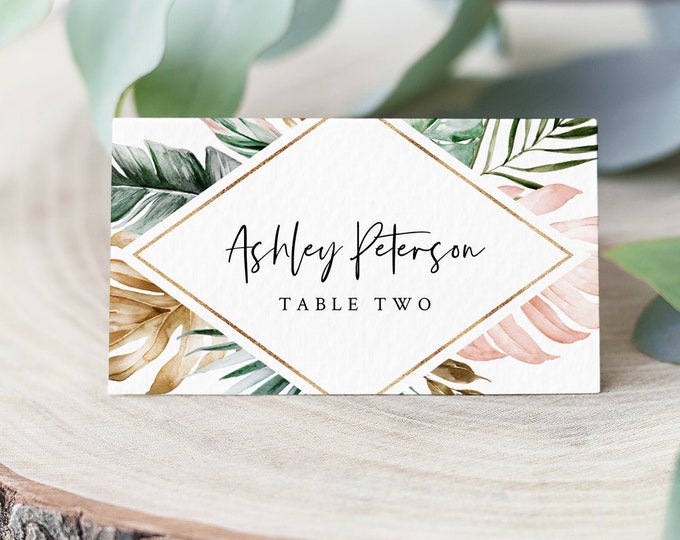 Tropical Place Card Template, Printable Lush Greenery Wedding Escort Card with Meal Option, INSTANT DOWNLOAD, Editable, Templett #087-143PC