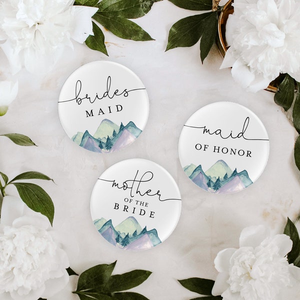 Bridal Party Button Template, Rustic Mountain, Bridal Shower Pins, Bachelorette Buttons, Instant Download, Templett, 2.25" Pin #063-101BPB