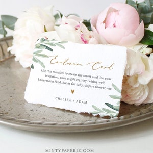 Greenery Enclosure Card Template, Wedding, Bridal Shower, Baby Shower, Any Insert Card, 100% Editable Text, Registry, Book Request 081-134EC