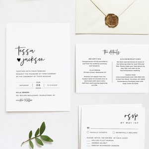 Suíte de convite de casamento minimalista, modelo 100% editável, DOWNLOAD INSTANTÂNEO, convite, confirmação de presença, cartão de detalhes, simples e moderno, Templett #088A