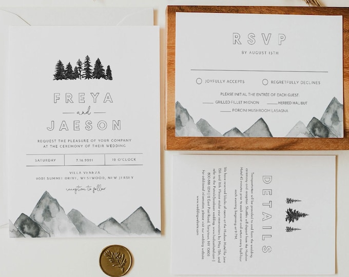 Mountain Wedding Invitation, Rustic Modern Woodland Pine Wedding Invite, RSVP, Details, Editable Template, Instant Download, Templett #0015A