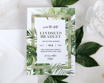 Save the Date Template, INSTANT DOWNLOAD, 100% Editable Text, Printable Tropical Greenery & Gold Wedding Date, DIY, Templett #083-156SD