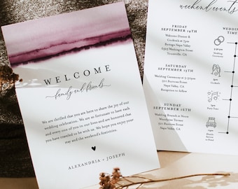 Watercolor Welcome Letter & Timeline Template, Minimalist Wedding Order of Events, Itinerary, INSTANT DOWNLOAD, Editable Text #093B-143WB