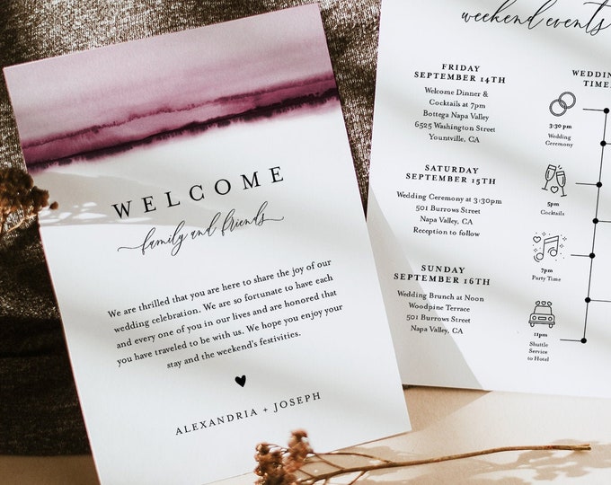 Watercolor Welcome Letter & Timeline Template, Minimalist Wedding Order of Events, Itinerary, INSTANT DOWNLOAD, Editable Text #093B-143WB