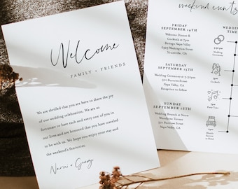 Minimalist Welcome Letter & Timeline Template, Modern Wedding Order of Events, Itinerary, INSTANT DOWNLOAD, 100% Editable Text #096-142WB