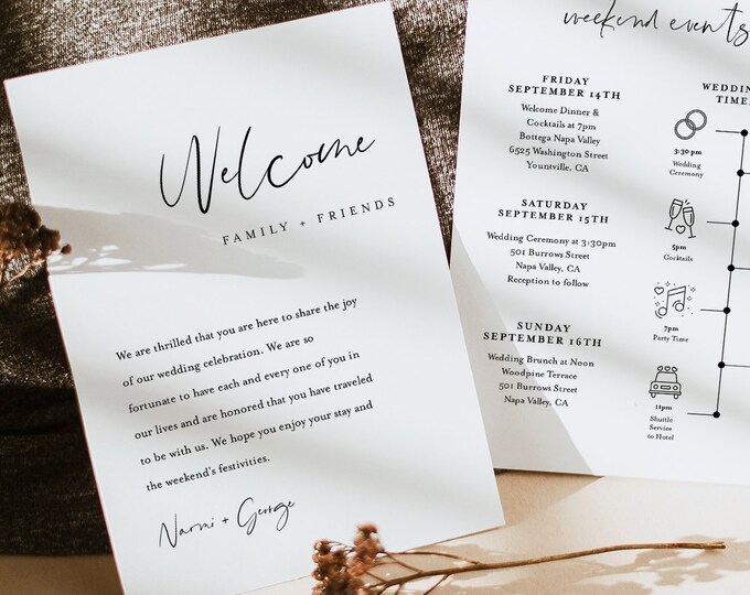 Minimalist Welcome Letter & Timeline Template, Modern Wedding Order of Events, Itinerary, INSTANT DOWNLOAD, 100% Editable Text #096-142WB