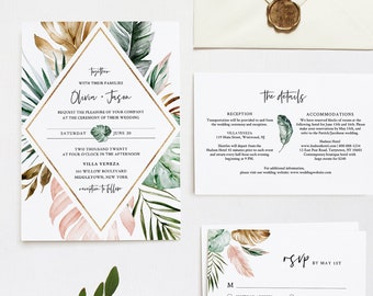 Tropical Wedding Invitation Suite, Editable Template, Destination Beach Wedding Invite, RSVP and Details, INSTANT DOWNLOAD, Templett #087B