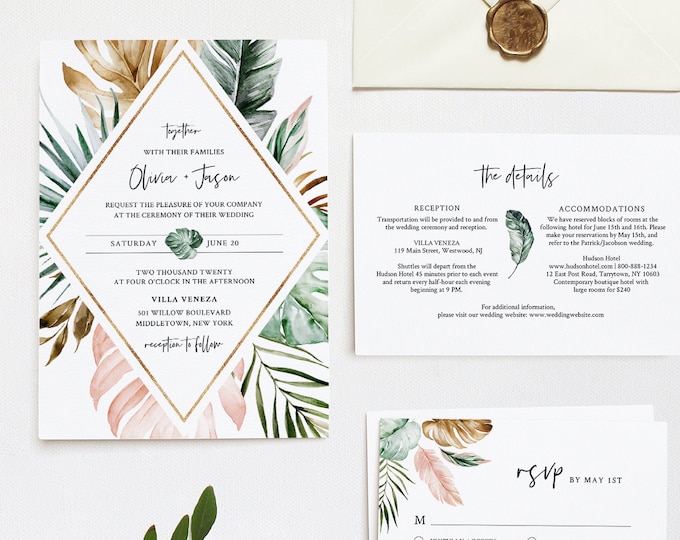 Tropical Wedding Invitation Suite, Editable Template, Destination Beach Wedding Invite, RSVP and Details, INSTANT DOWNLOAD, Templett #087B