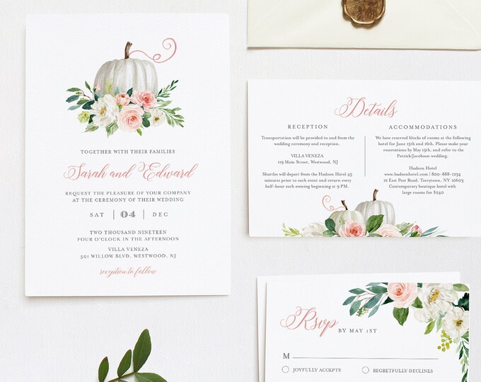 Pumpkin Wedding Invitation Suite, Fall, Autumn, Bohemian, Editable Template, Invite / RSVP / Details, INSTANT DOWNLOAD, Templett #072B