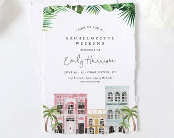 Charleston Bachelorette Weekend Invitation & Itinerary, Rainbow Row, Editable Template, Templett, Instant Download, Printable #017-135BP