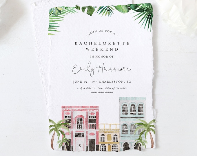 Charleston Bachelorette Weekend Invitation & Itinerary, Rainbow Row, Editable Template, Templett, Instant Download, Printable #017-135BP