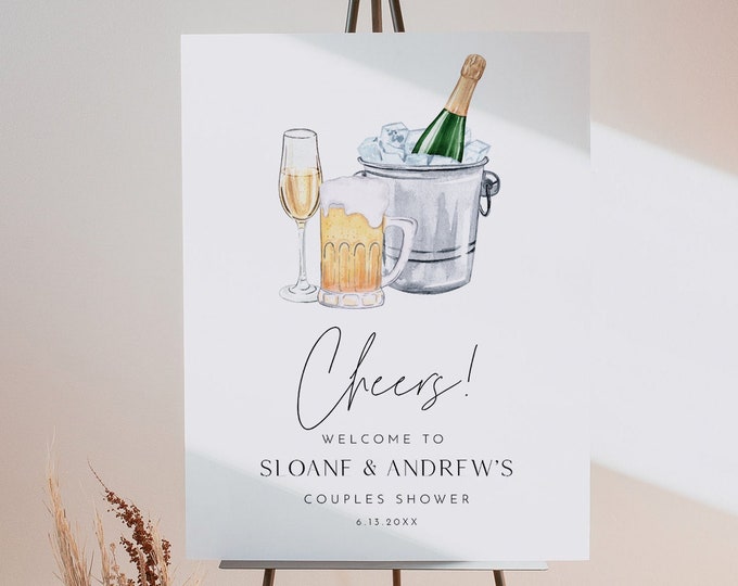 Bubbles and Brew Welcome Sign, Champagne, Beer, Modern, Bridal / Couples Shower, Editable Template, Templett, 18x24, 24x36 #0026D-301LS