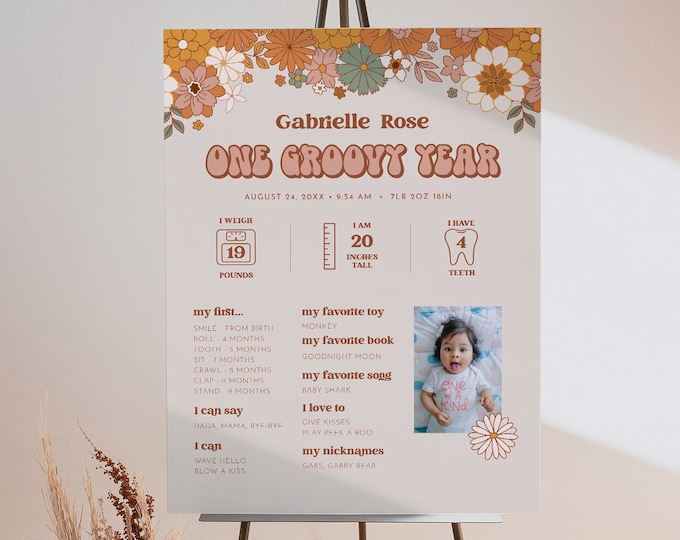 Groovy Milestone Sign, Infographic, First Year Baby Stats Poster, 1st Birthday Party, Retro, 70s, Editable Template, Templett #050-104FYS