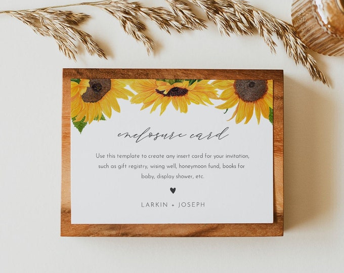 Sunflower Enclosure Card Template, Rustic Wedding Invitation Insert, Baby Shower Insert, Editable, Instant Download, Templett #0010-169EC