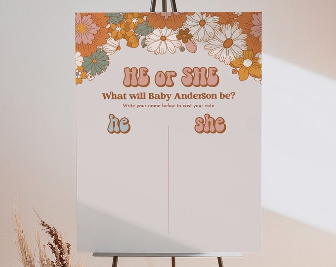 Guess the Baby Gender, Baby Shower Game, He or She Sign, Gender Reveal Game, Groovy, Retro, Editable Template, Instant Download #050-285LS