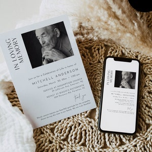 Funeral Announcement, Memorial Service Invite, Photo Funeral Evite, Celebration of Life, Editable Template, Instant, Templett #0026B-104FA