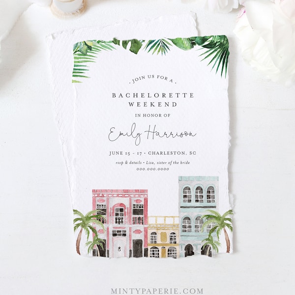 Charleston Bachelorette Weekend Invitation & Itinerary, Rainbow Row, Editable Template, Templett, Instant Download, Printable #017-135BP