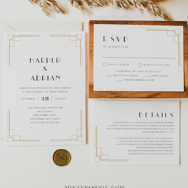 Minimale Art-Deco-Hochzeitseinladung, druckbare Retro-Hochzeitseinladung, bearbeitbare Vorlage, Sofort-Download, Templett #0021C