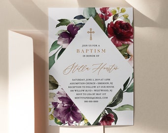 Baptism Invitation Template, Printable Girl Christening Invite, Winter Florals, 100% Editable Text, Instant Download, Templett #006-103BC