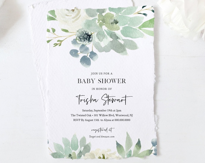 Baby Shower Invitation, 100% Editable Text, Succulent & Greenery, Printable Gender Neutral Baby Invite, INSTANT DOWNLOAD, Templett 075-102BA