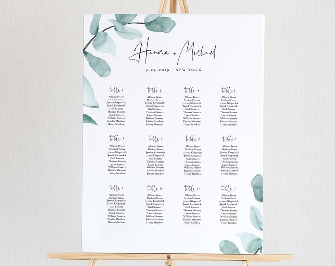 Eucalyptus Seating Chart Template, Printable Wedding Seating Sign, Instant Download, Greenery Boho Wedding, US & UK Poster Size #049-232SC