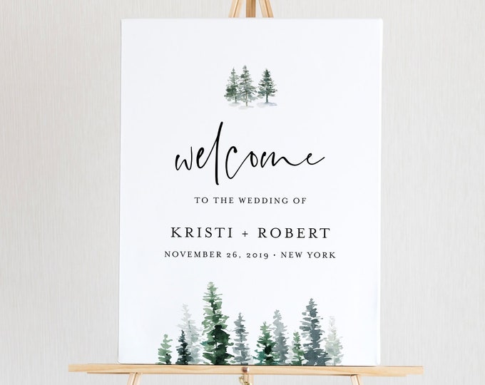 Welcome Sign Template, 100% Editable Text, Winter Rustic Pine Wedding Poster Sign, Bridal Shower, Instant Download, Templett, DIY #073-145LS