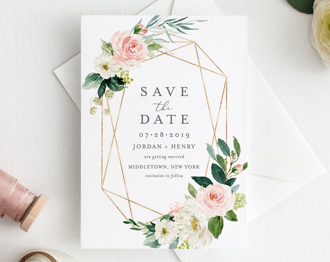 Boho Save the Date Template, Printable Wedding Date Card, Blush Floral & Gold, Instant Download, 100% Editable Text, Templett, DIY 043-142SD